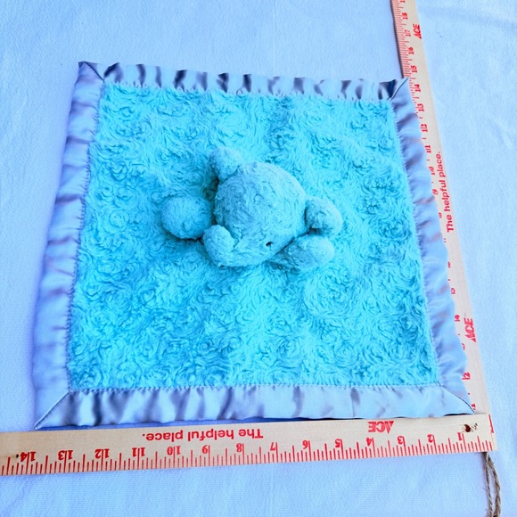 Other - Elephant Baby Security Blanket Lovey Aqua Blue Plush Rosebud Satin Trim 14x14